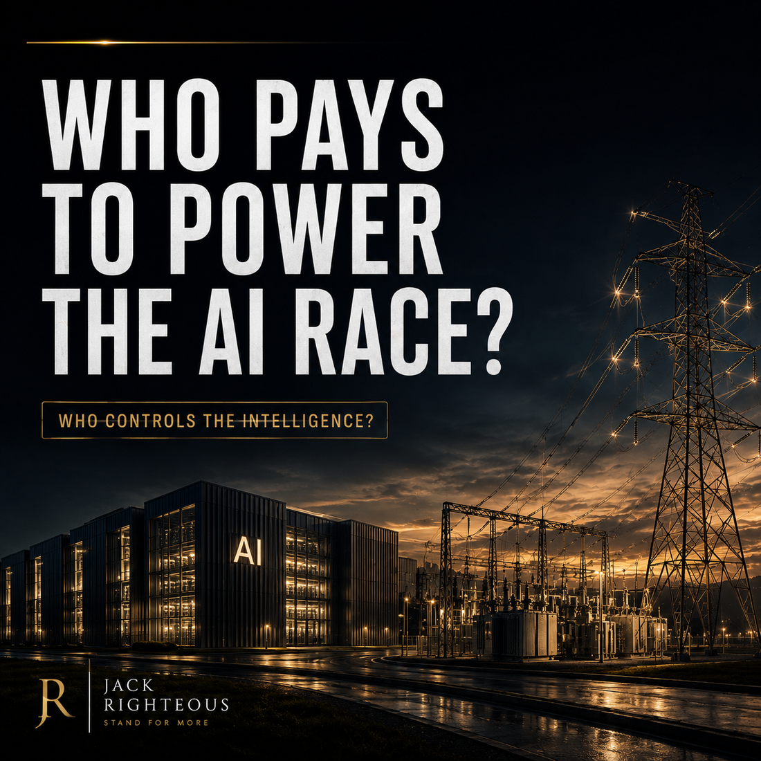 AI data centre beside a power substation and transmission lines illustrating who pays to power the AI race
