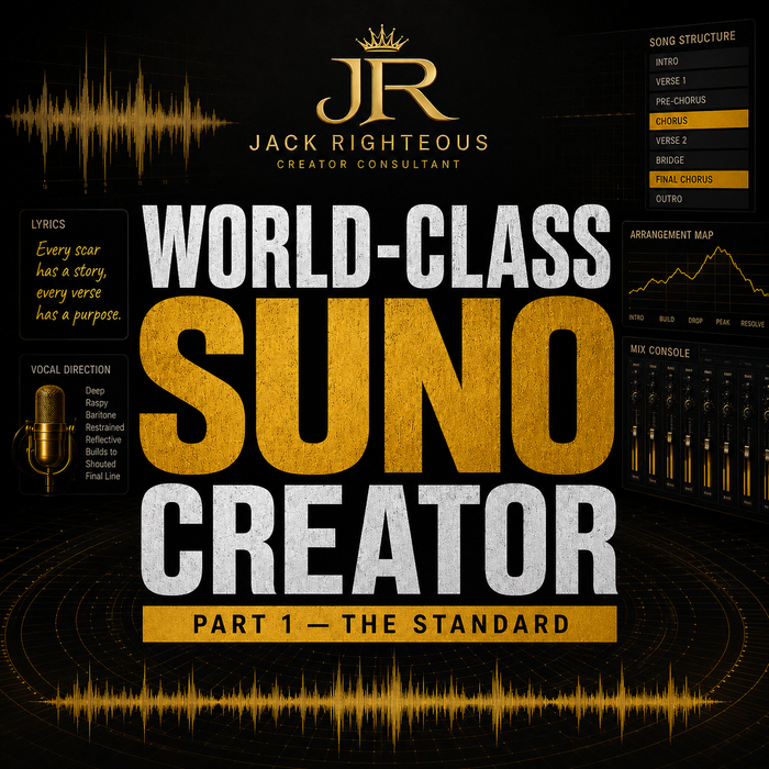 World-Class Suno Creator Part 1 cover in black and gold Jack Righteous branding with waveform, microphone, song structure, arrangement, and mixing graphics