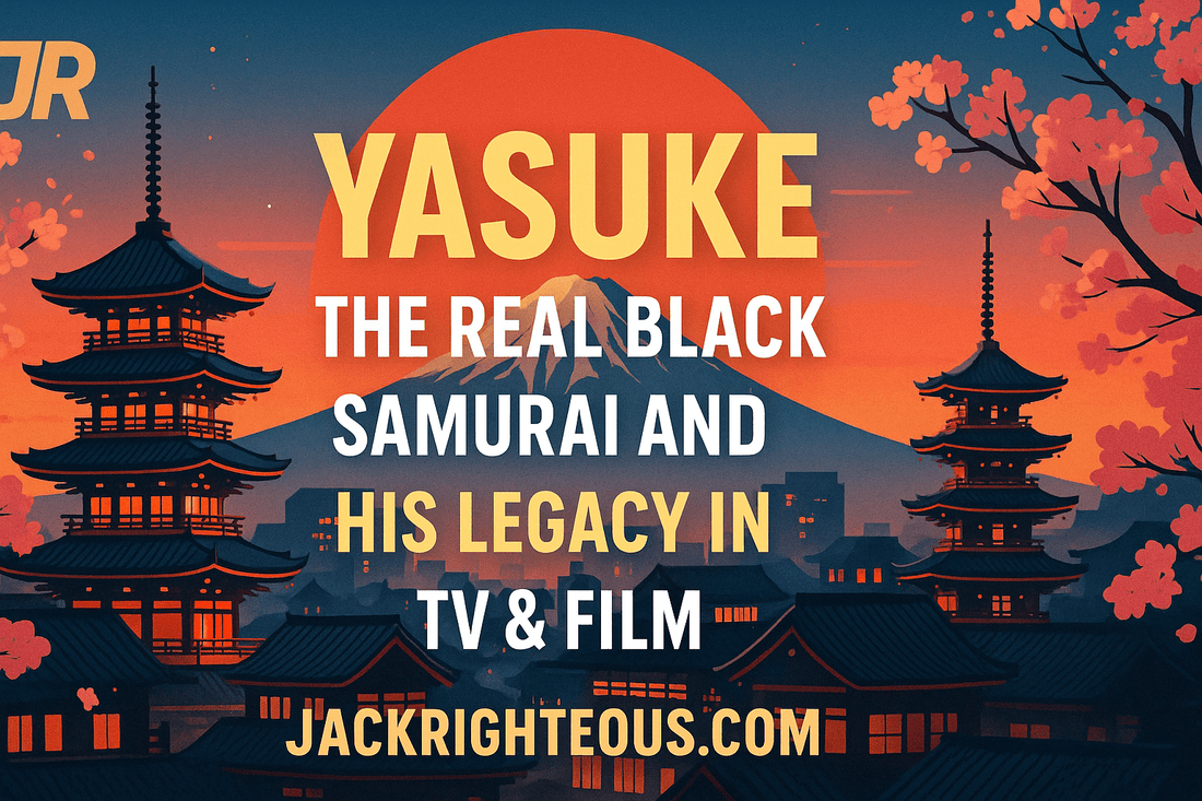 Conceptual illustration representing Yasuke between the surviving historical record and modern film, anime and game adaptations.