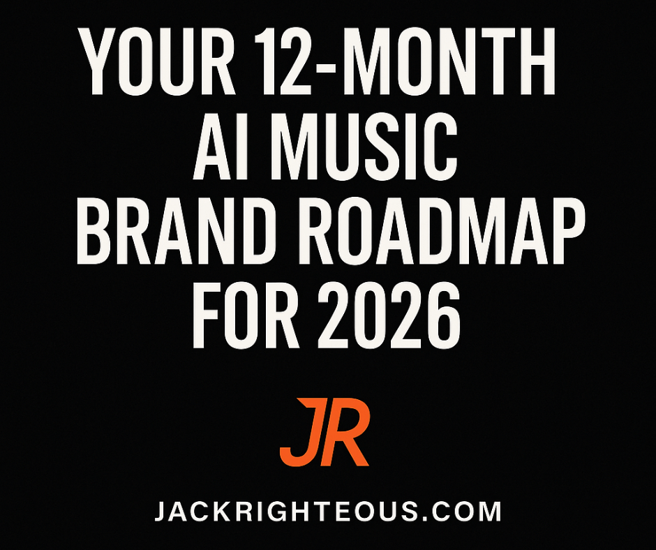1:1 cover titled “Your 12-Month AI Music Brand Roadmap for 2026” with JR logo and JackRighteous.com on a black background.