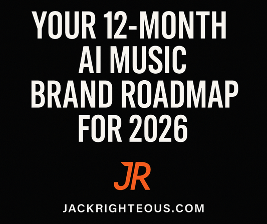 1:1 cover titled “Your 12-Month AI Music Brand Roadmap for 2026” with JR logo and JackRighteous.com on a black background.