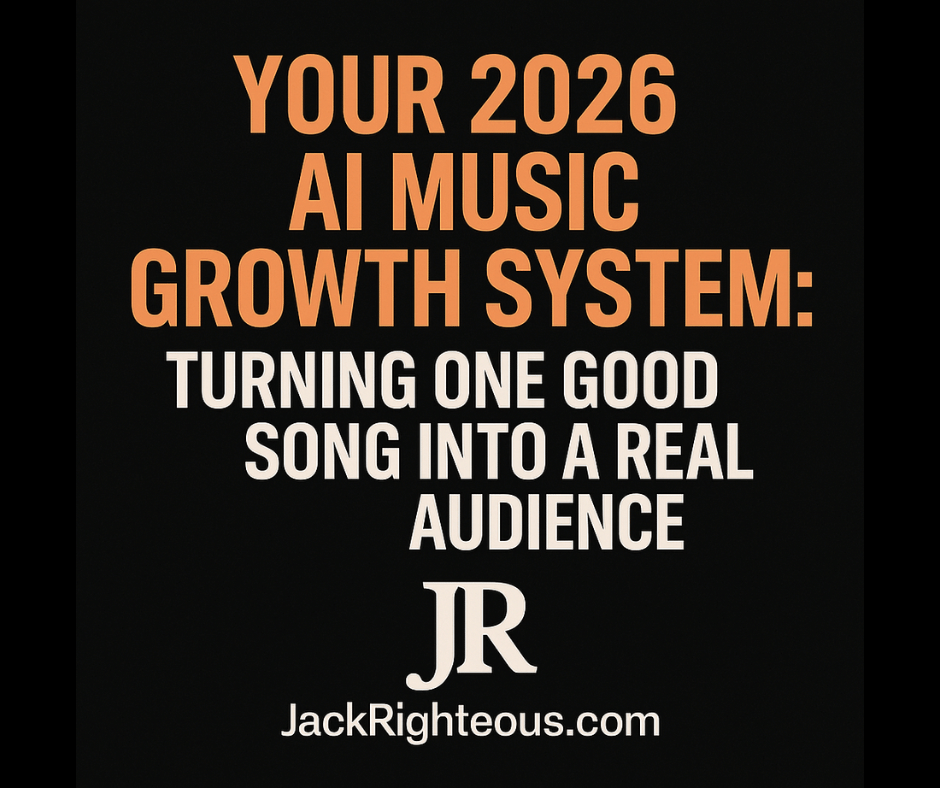 1:1 cover titled “Your 2026 AI Music Growth System” with JR logo and JackRighteous.com on a black background.