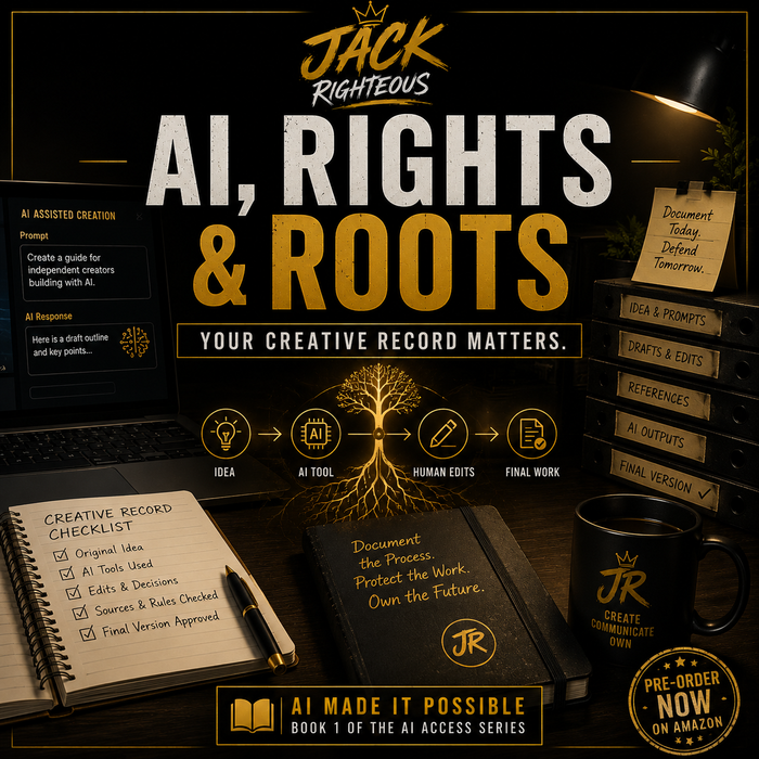Promotional image for 'AI, Rights & Roots' with text and branding elements.