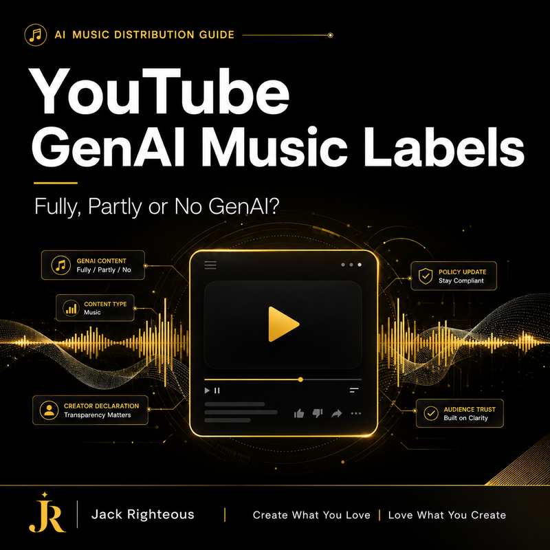 YouTube GenAI music disclosure guide explaining Fully GenAI, Partly GenAI and no-GenAI labeling routes for creators