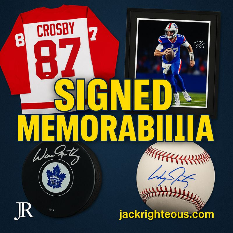 Signed sports memorabilia collection cover featuring autographed jerseys, photos, pucks, and balls with JR and JackRighteous.com branding