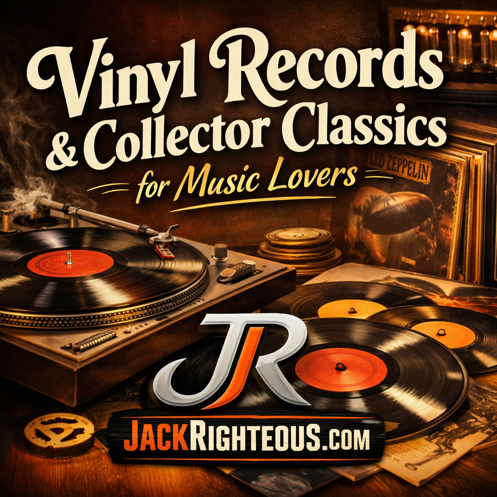 Vinyl records and collector classics for music lovers featuring turntable, vintage albums, and JackRighteous.com branding