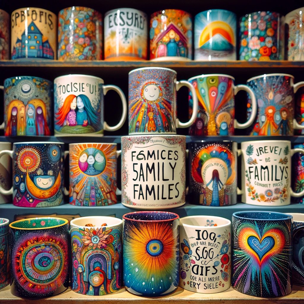 Eclectic mugs with artistic designs in a warm setting, reflecting joy and family bonding for parents and children