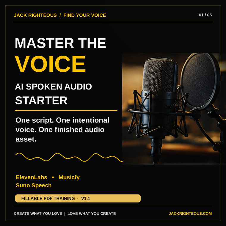 Master the Voice AI Spoken Audio Starter cover featuring a studio microphone and ElevenLabs, Musicfy and Suno Speech training