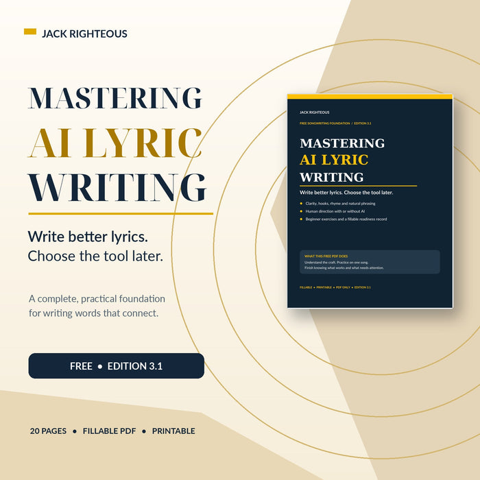 Mastering AI Lyric Writing free Edition 3.1 cover, platform-neutral 20-page fillable songwriting PDF