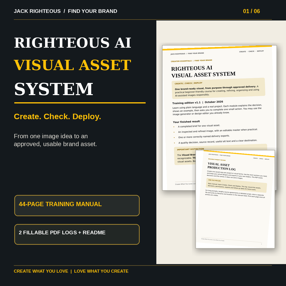 Righteous AI Visual Asset System v1.1 cover showing the actual 44-page manual and production log
