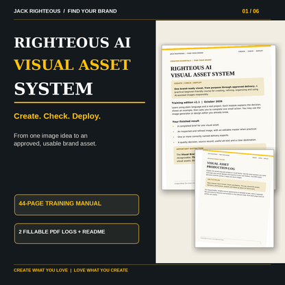 Righteous AI Visual Asset System v1.1 cover showing the actual 44-page manual and production log