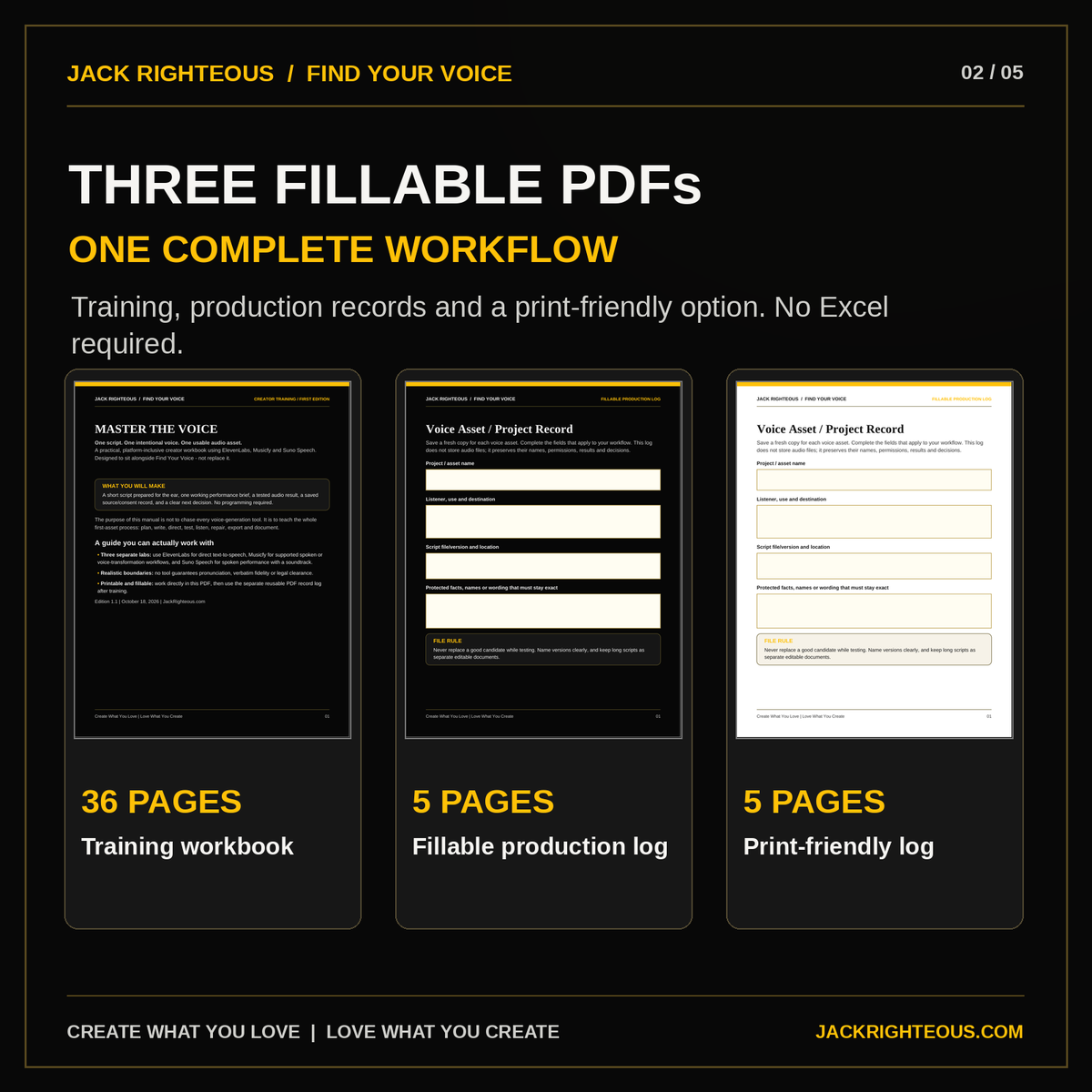 Master the Voice digital package showing actual 36-page training workbook and two five-page fillable PDF logs