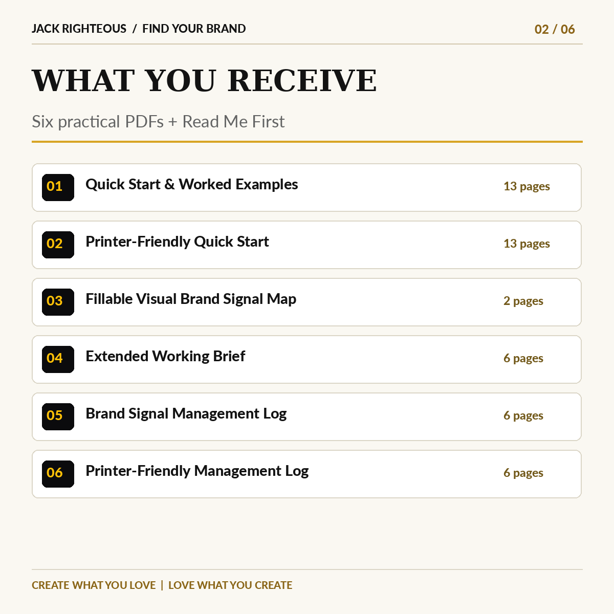 Six PDF files included in the Brand Signal Blueprint v1.2 companion tools ZIP with page counts