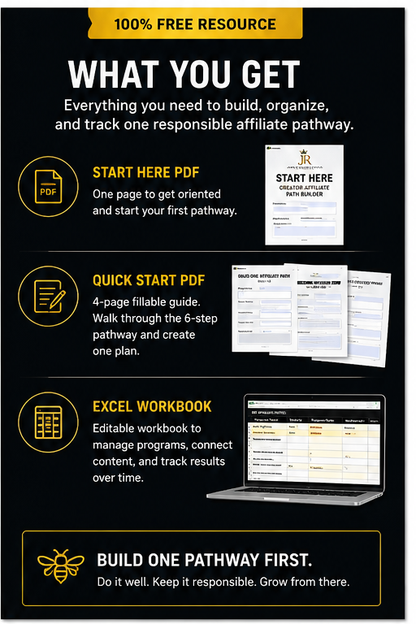 What is included in the Creator Affiliate Path Builder free download: Start Here PDF, fillable Quick Start PDF, and Excel workbook