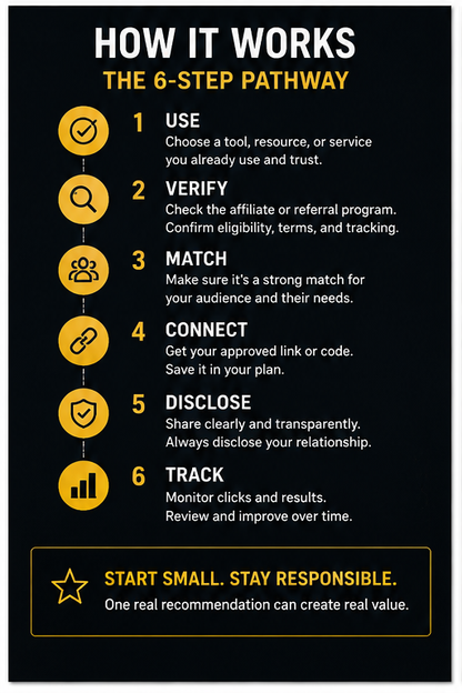 Creator Affiliate Path Builder six-step framework: use, verify, match, connect, disclose, and track