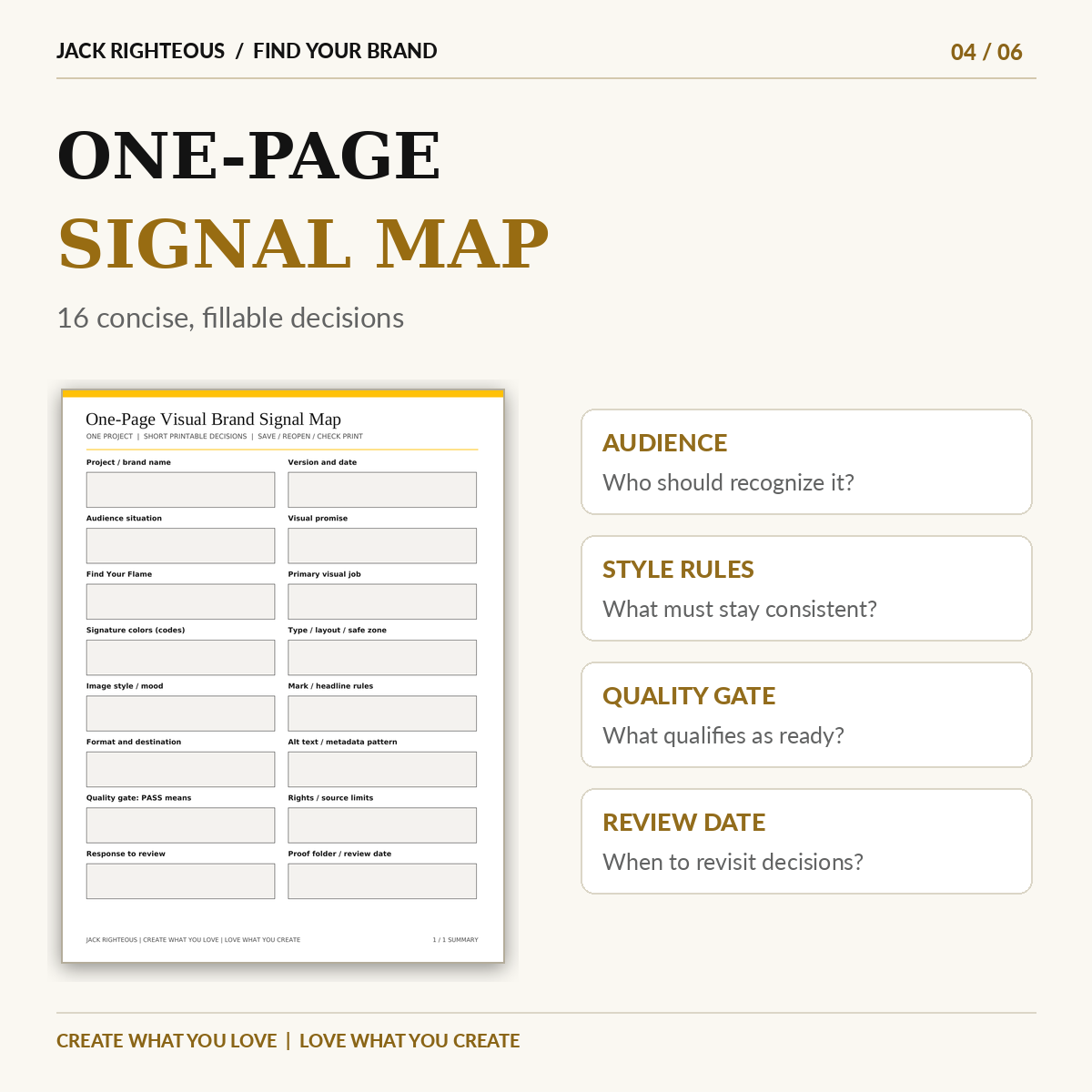 Actual one-page fillable Visual Brand Signal Map showing sixteen short-answer fields