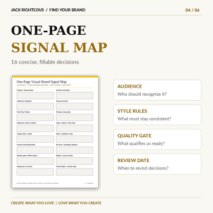 Actual one-page fillable Visual Brand Signal Map showing sixteen short-answer fields