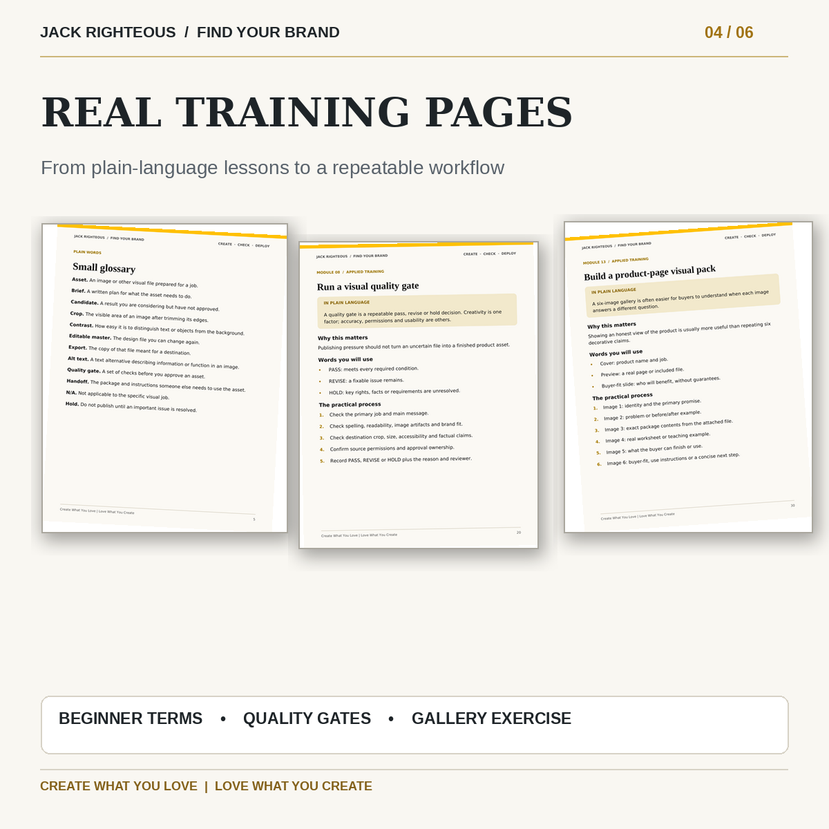 Pages from the real training PDF showing key terms, visual quality gate and product-image gallery exercise