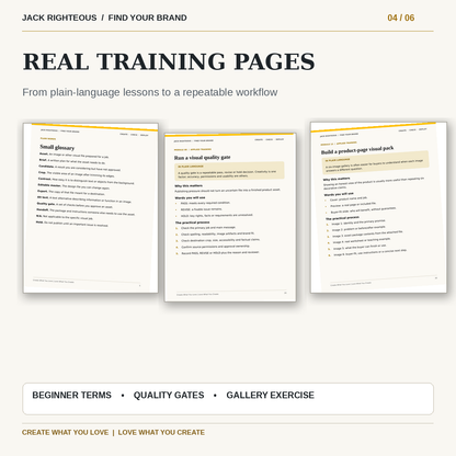 Pages from the real training PDF showing key terms, visual quality gate and product-image gallery exercise