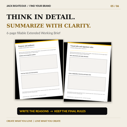 Actual six-page fillable Extended Working Brief previews for developing detailed visual brand rules