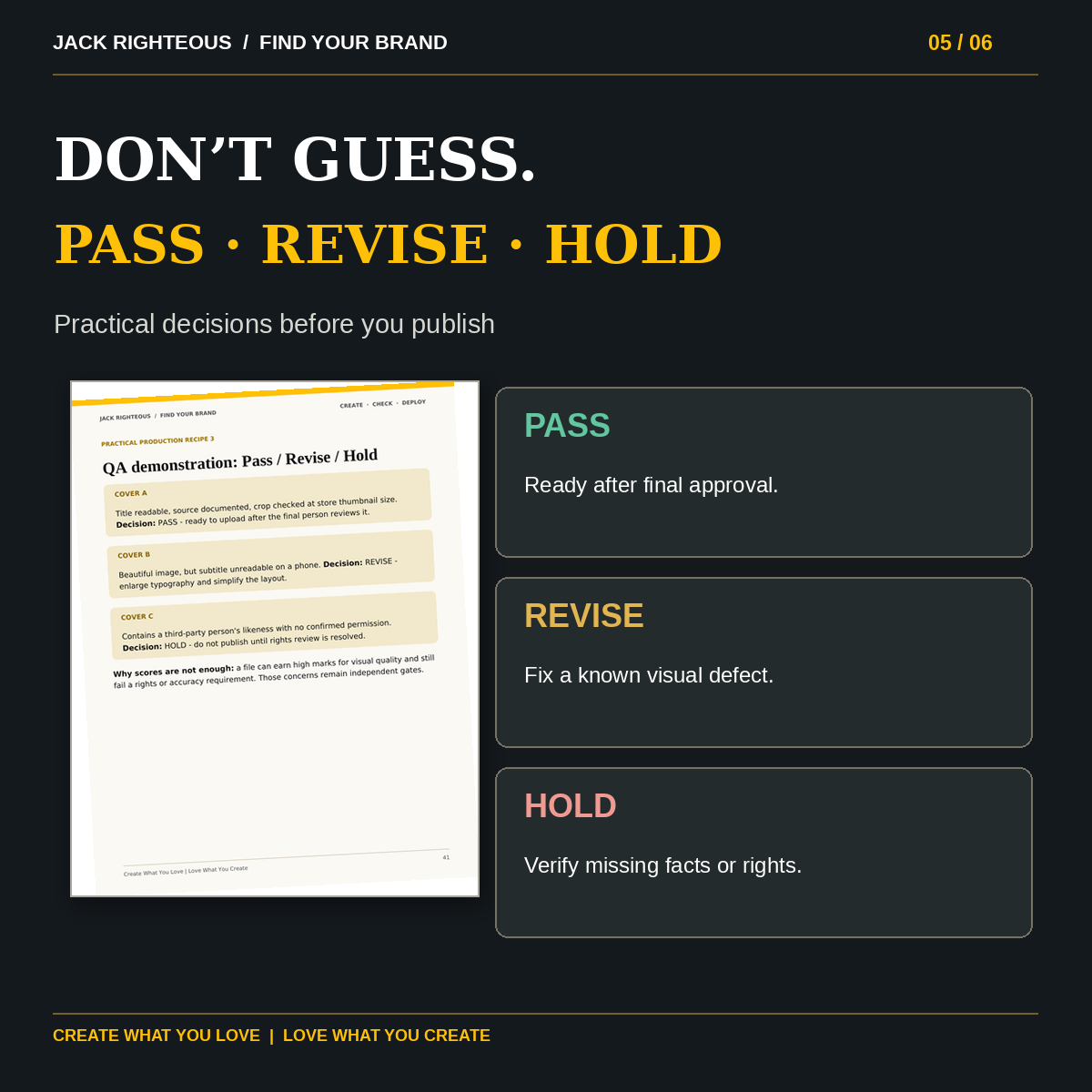 PASS REVISE HOLD quality decision lesson from Righteous AI Visual Asset System training