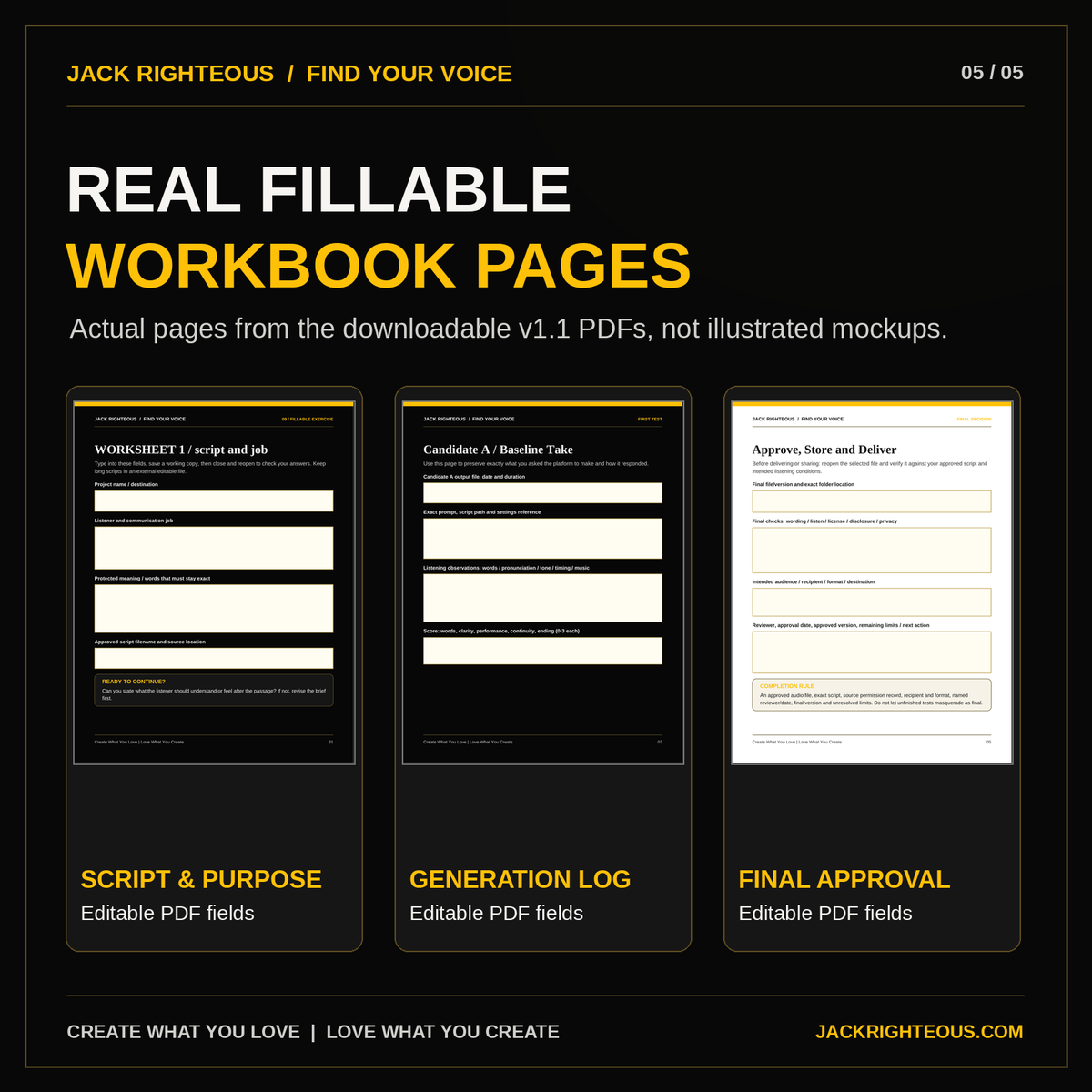Actual fillable PDF pages from Master the Voice training workbook, generation log and print-friendly final approval record