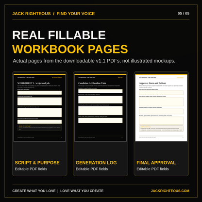Actual fillable PDF pages from Master the Voice training workbook, generation log and print-friendly final approval record