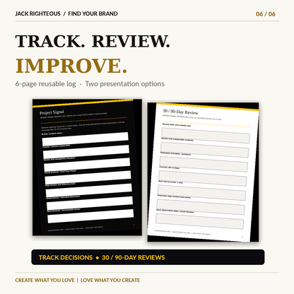 Actual Brand Signal Management Log and print-friendly 30 and 90 day review worksheet previews