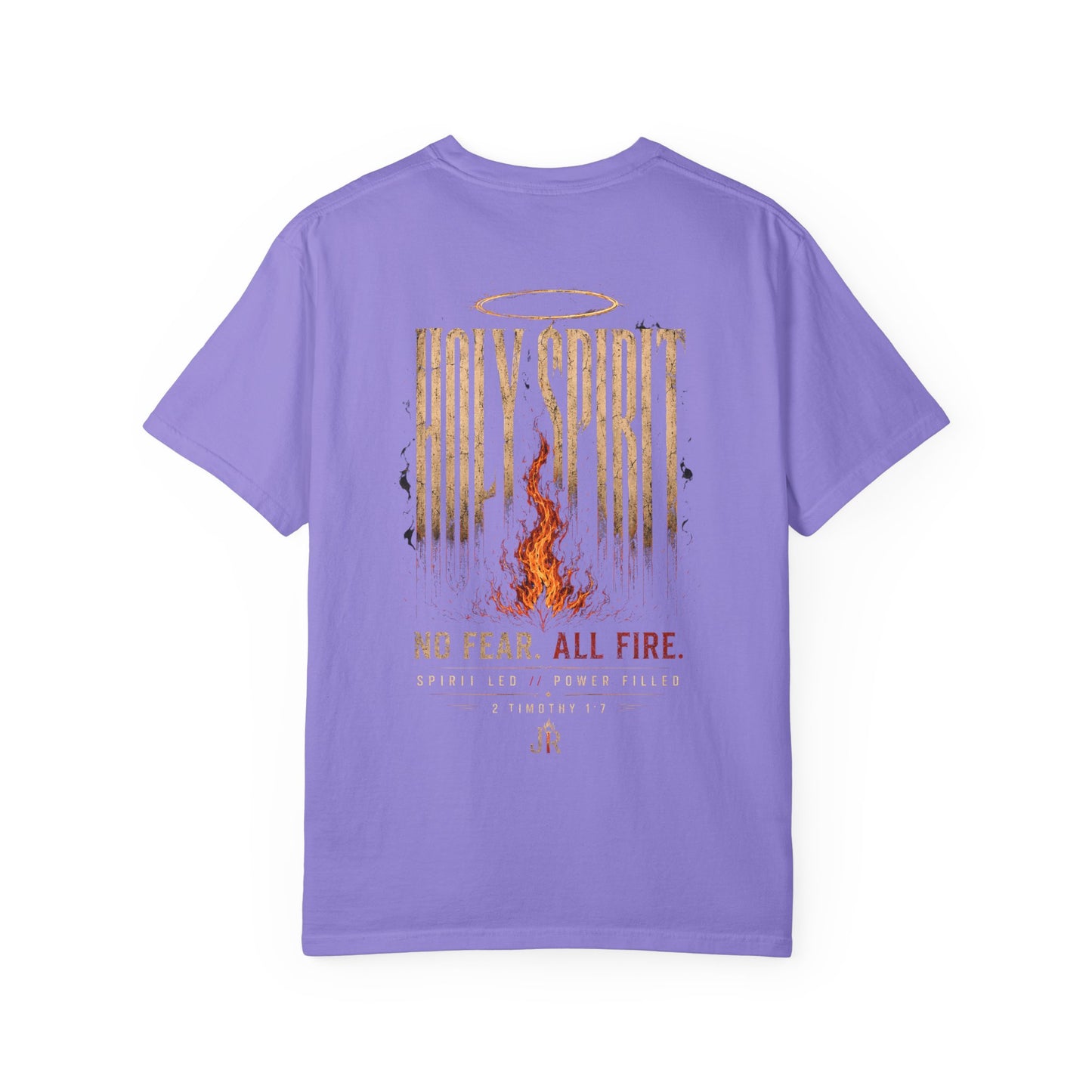 Purple t-shirt with 'Holy Spirit, No Fear, All Fire' design on a white background