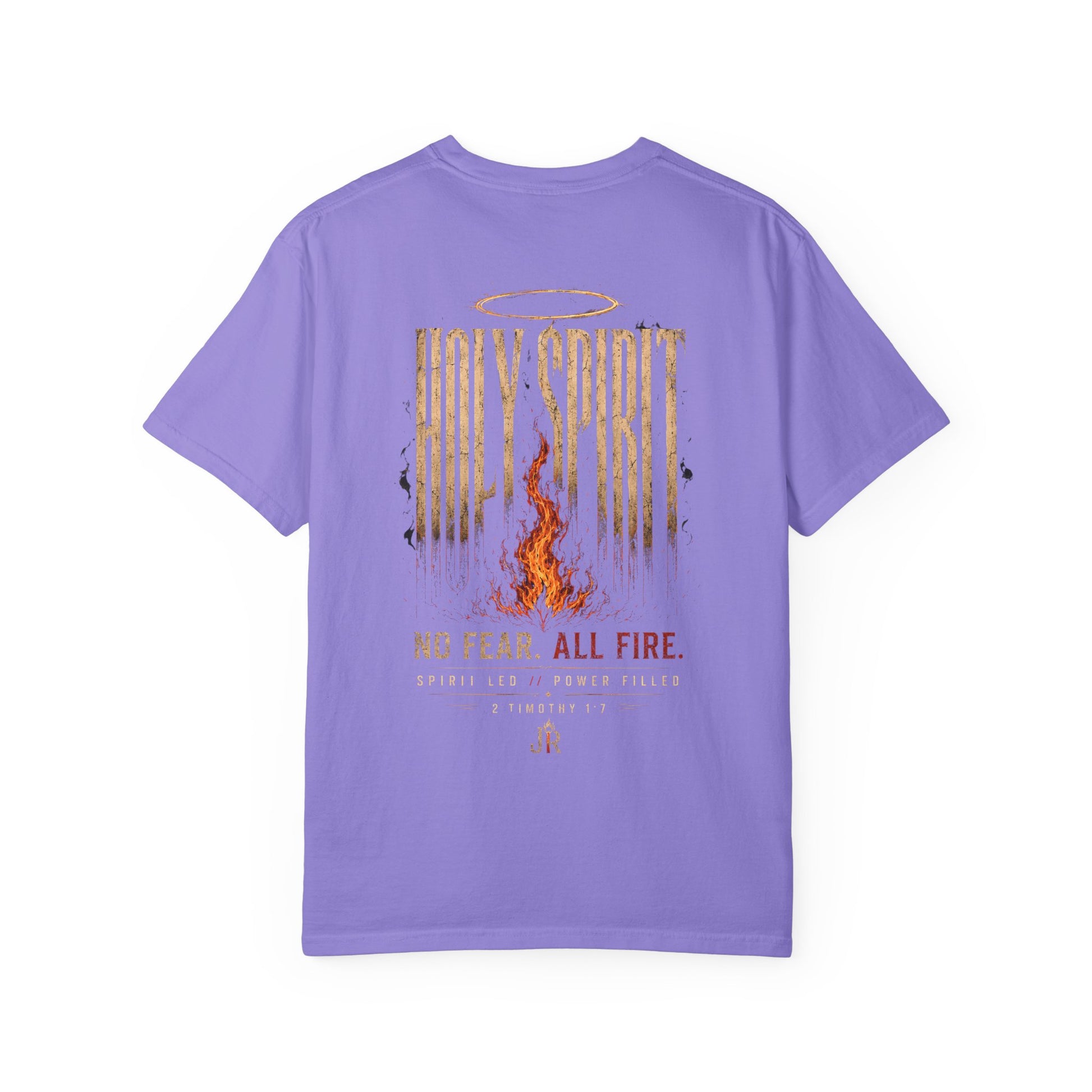 Purple t-shirt with 'Holy Spirit, No Fear, All Fire' design on a white background