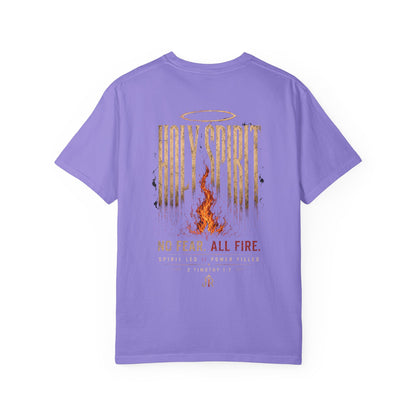 Purple t-shirt with 'Holy Spirit, No Fear, All Fire' design on a white background