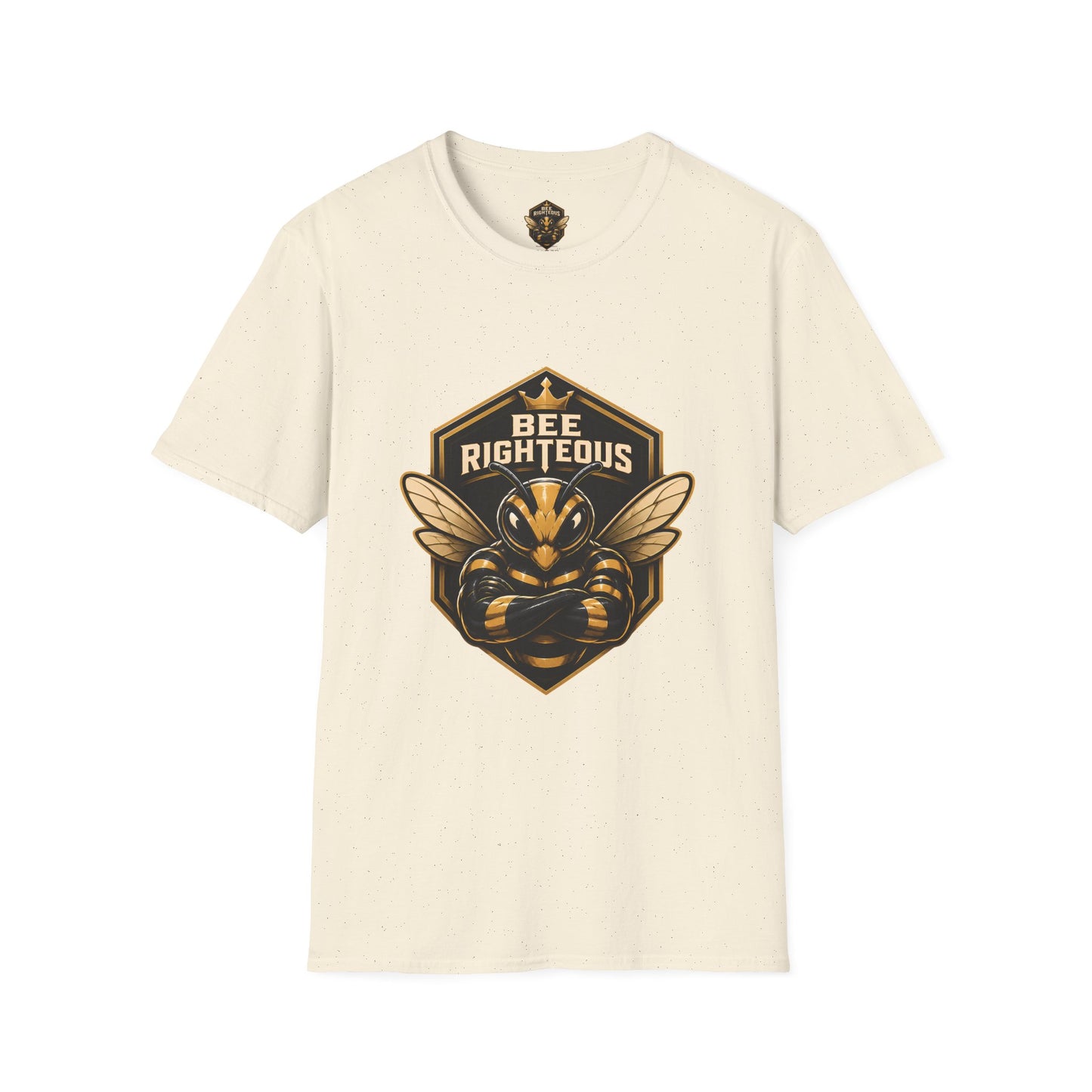 Beige t-shirt with a black and gold graphic of a bee and text 'Bee Righteous' on a white background