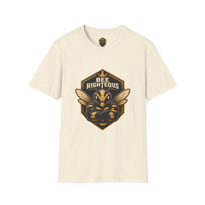 Beige t-shirt with a black and gold graphic of a bee and text 'Bee Righteous' on a white background