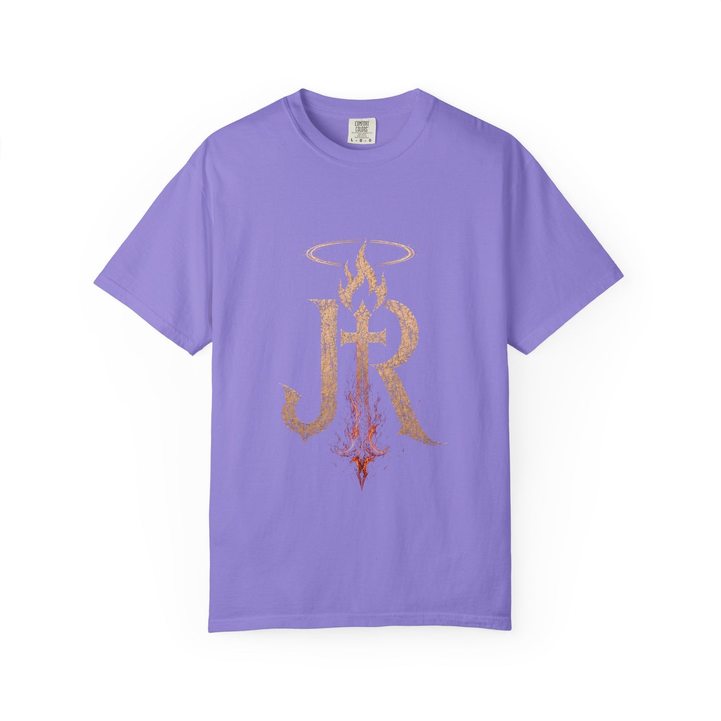 Purple t-shirt with gold and red graphic design on a white background