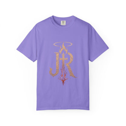 Purple t-shirt with gold and red graphic design on a white background