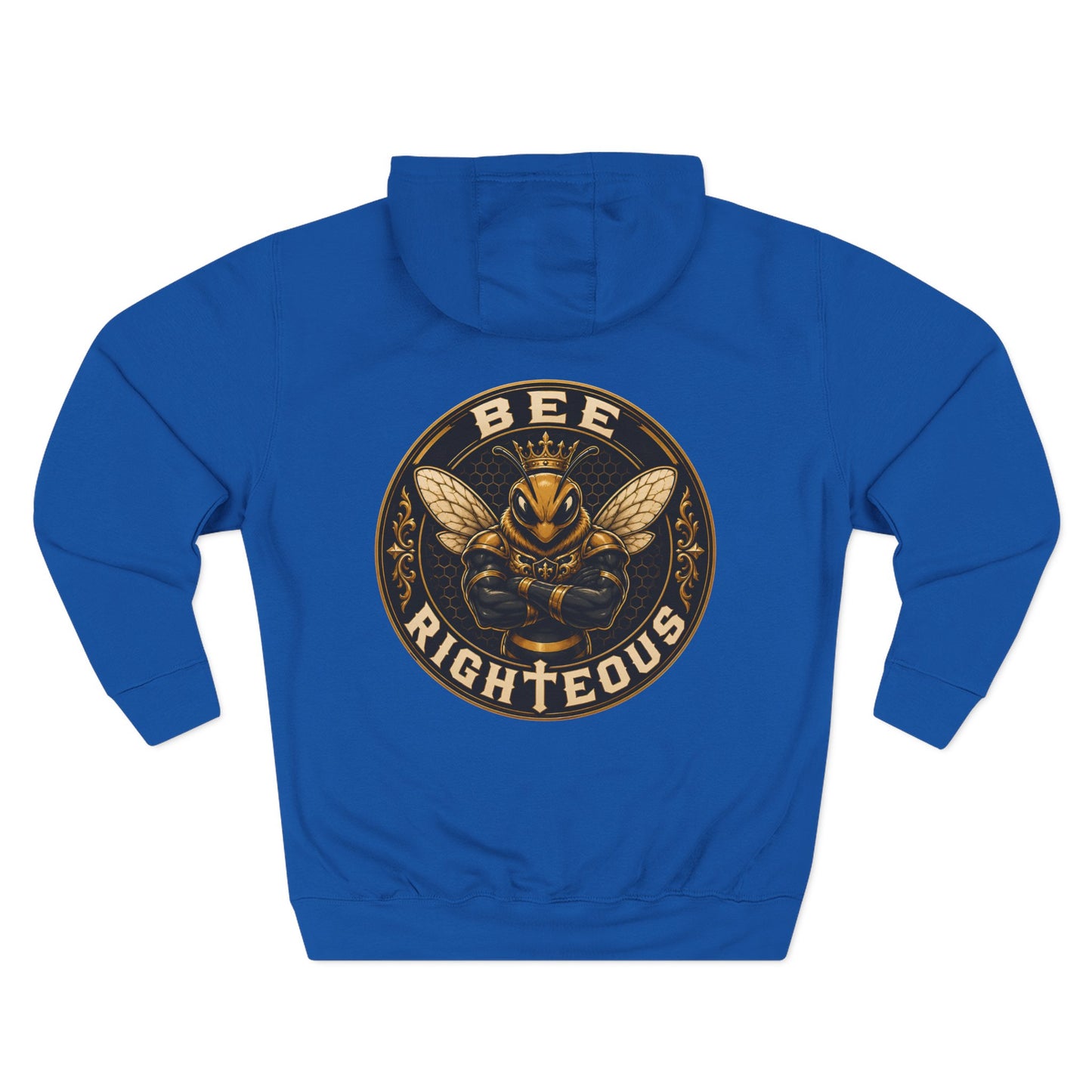 Blue hoodie with 'BEE RIGHTEOUS' graphic design on a white background