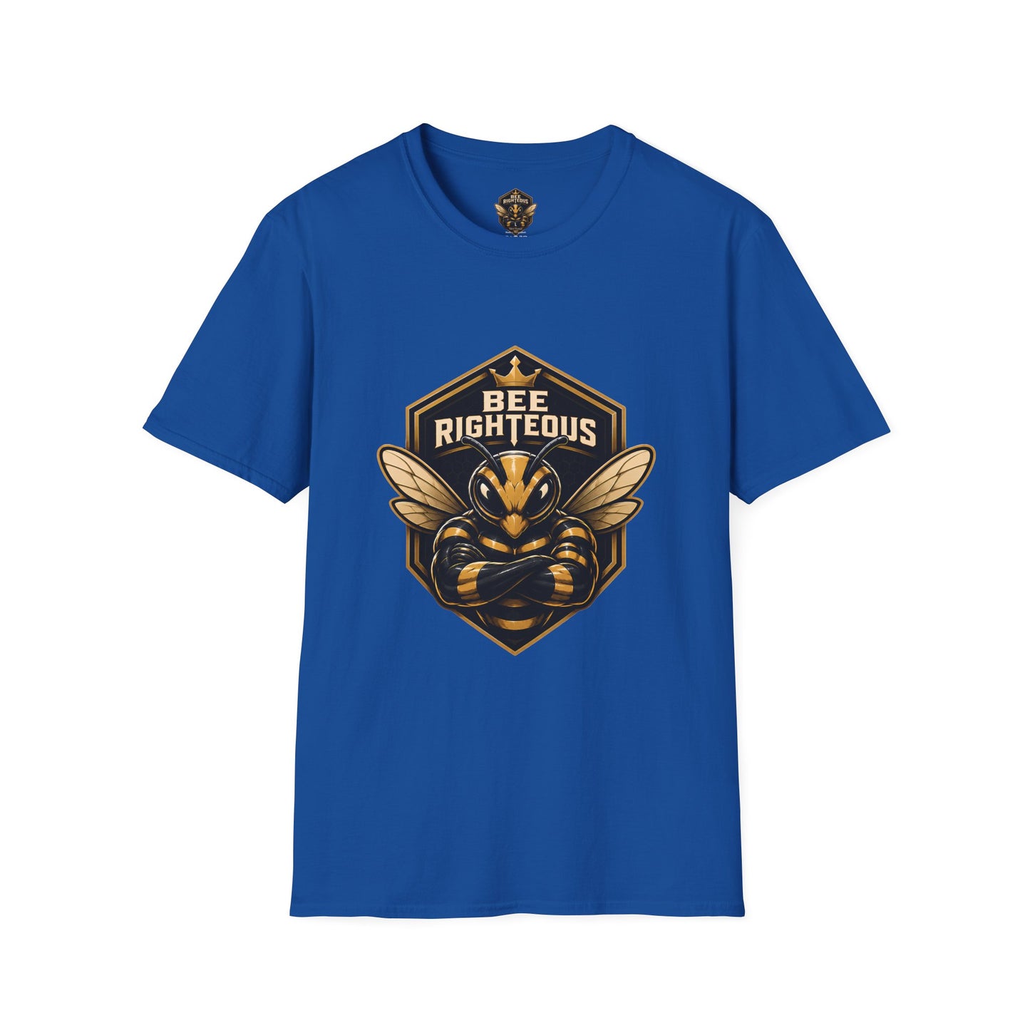 Blue t-shirt with a bee-themed graphic and text on a white background