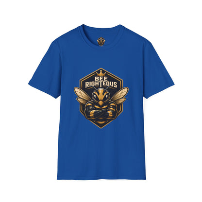 Blue t-shirt with a bee-themed graphic and text on a white background