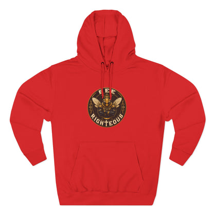 Red hoodie with a gold and black logo on a white background