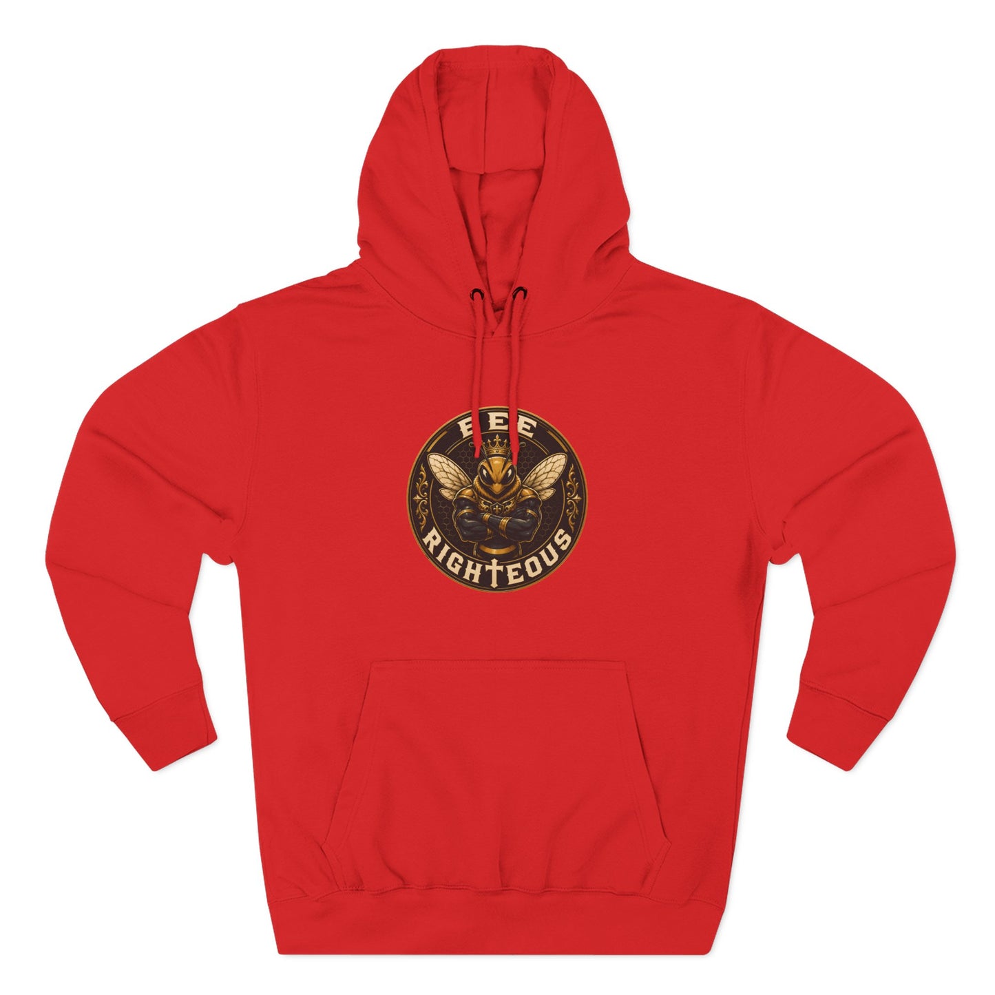 Red hoodie with a gold and black logo on a white background