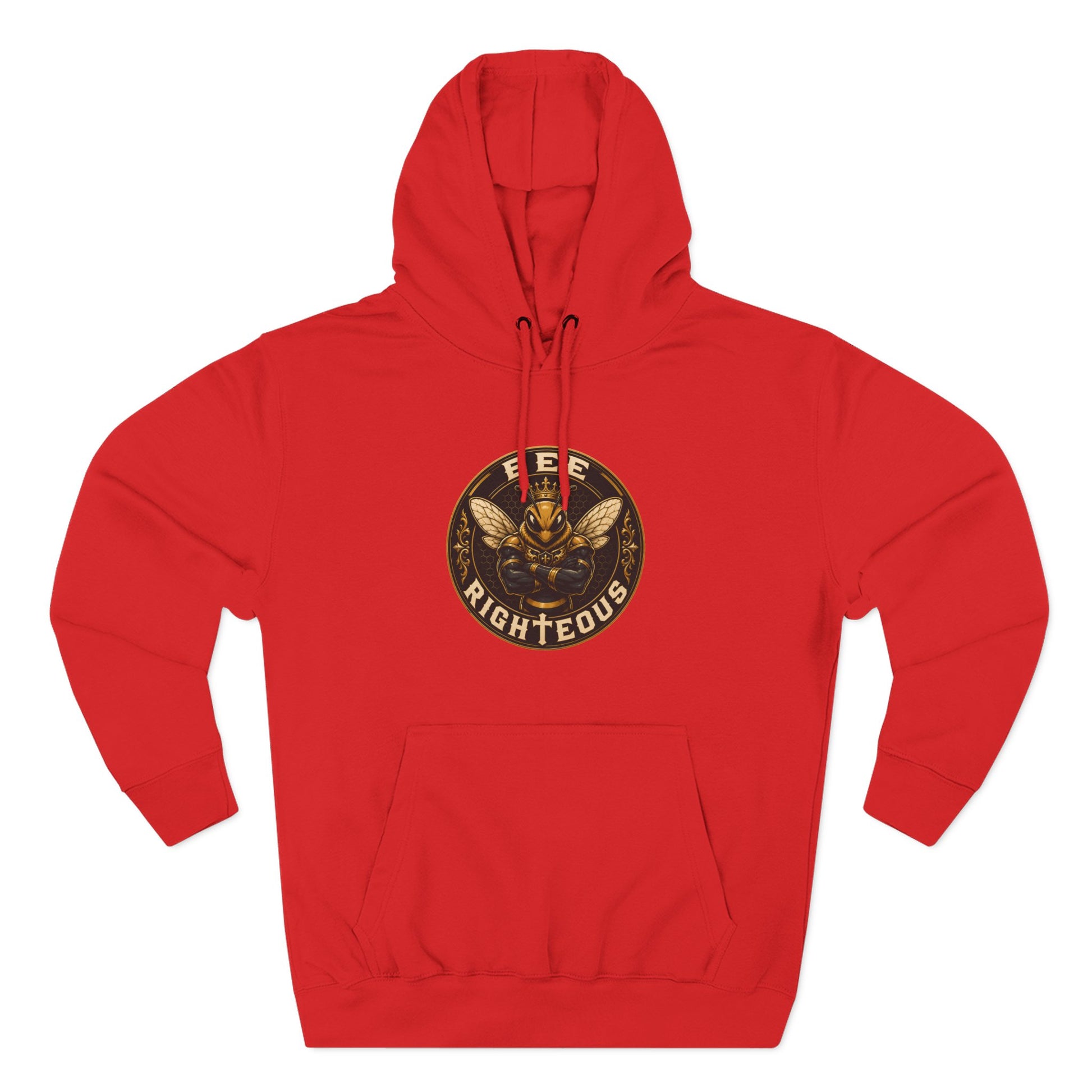 Red hoodie with a gold and black logo on a white background