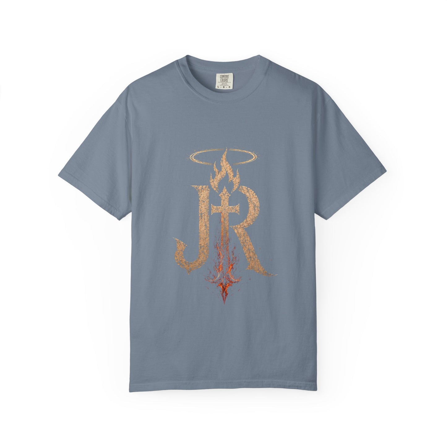 Blue t-shirt with hockey design and text on a white background