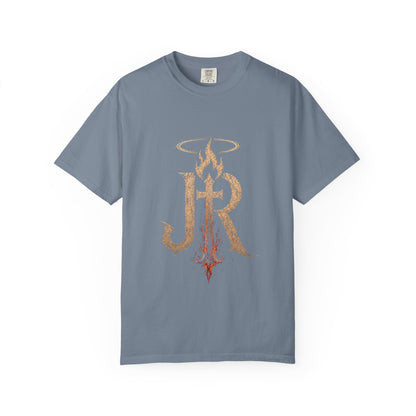 Blue t-shirt with hockey design and text on a white background