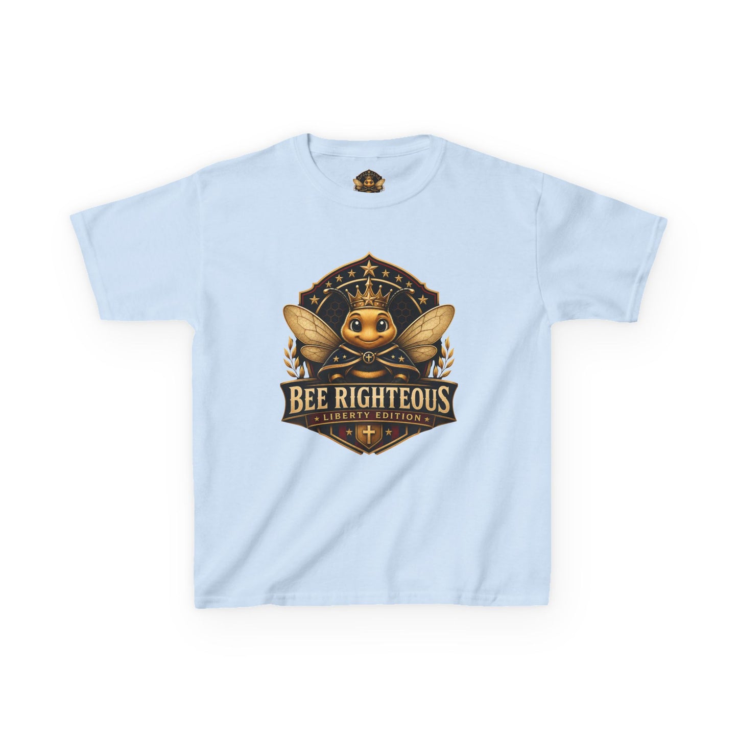 Light blue t-shirt with a bee graphic and text on a white background