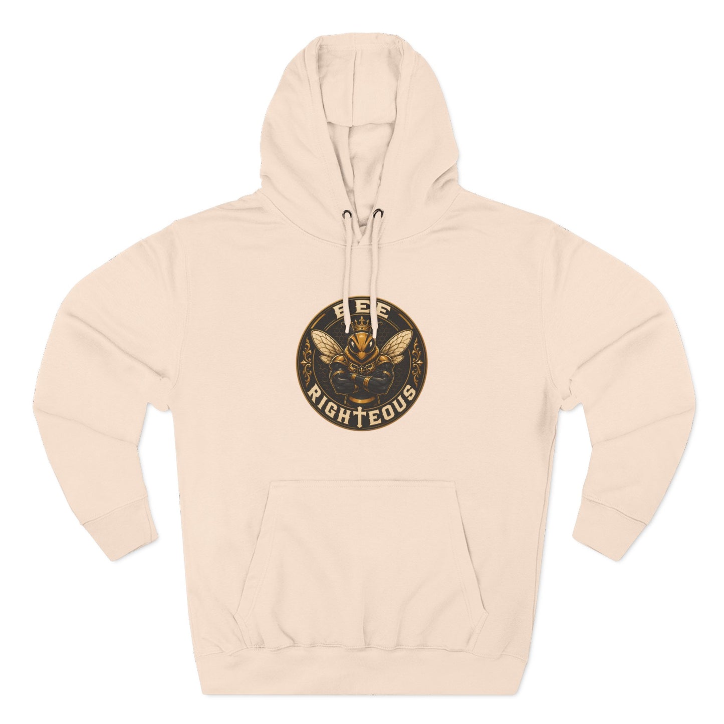 Beige hoodie with a logo and text on a white background