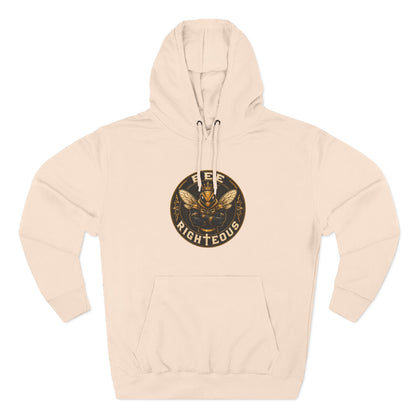 Beige hoodie with a logo and text on a white background