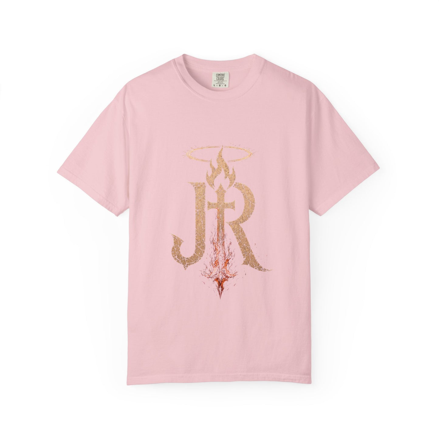 Pink t-shirt with gold and red design on a white background