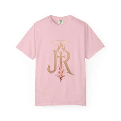 Pink t-shirt with gold and red design on a white background