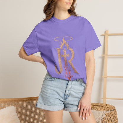 Person wearing a purple t-shirt with a graphic design, standing against a neutral background.