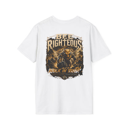 White t-shirt with graphic design featuring text and a figure on a white background